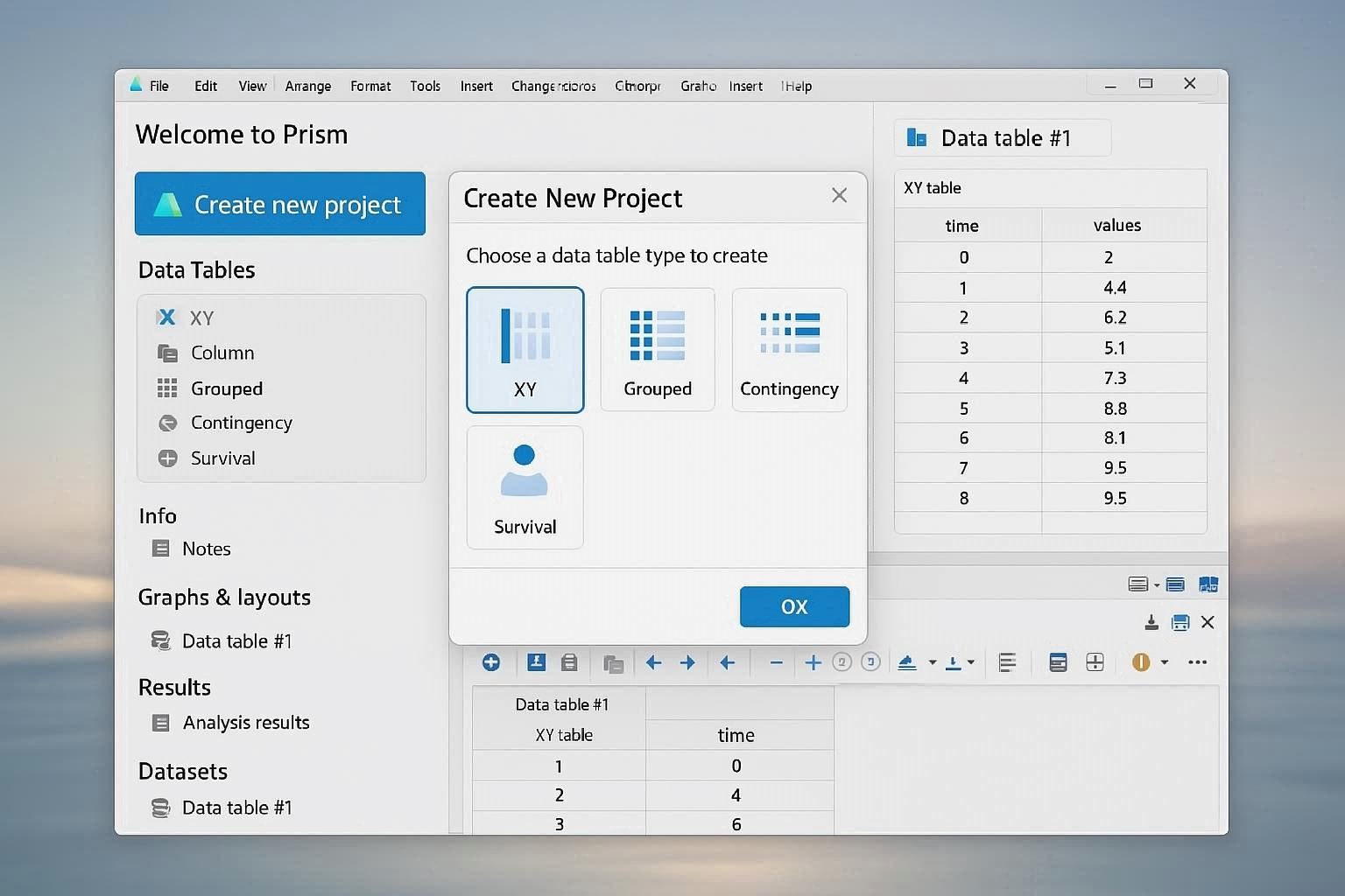 GraphPad Prism Data Table Setup